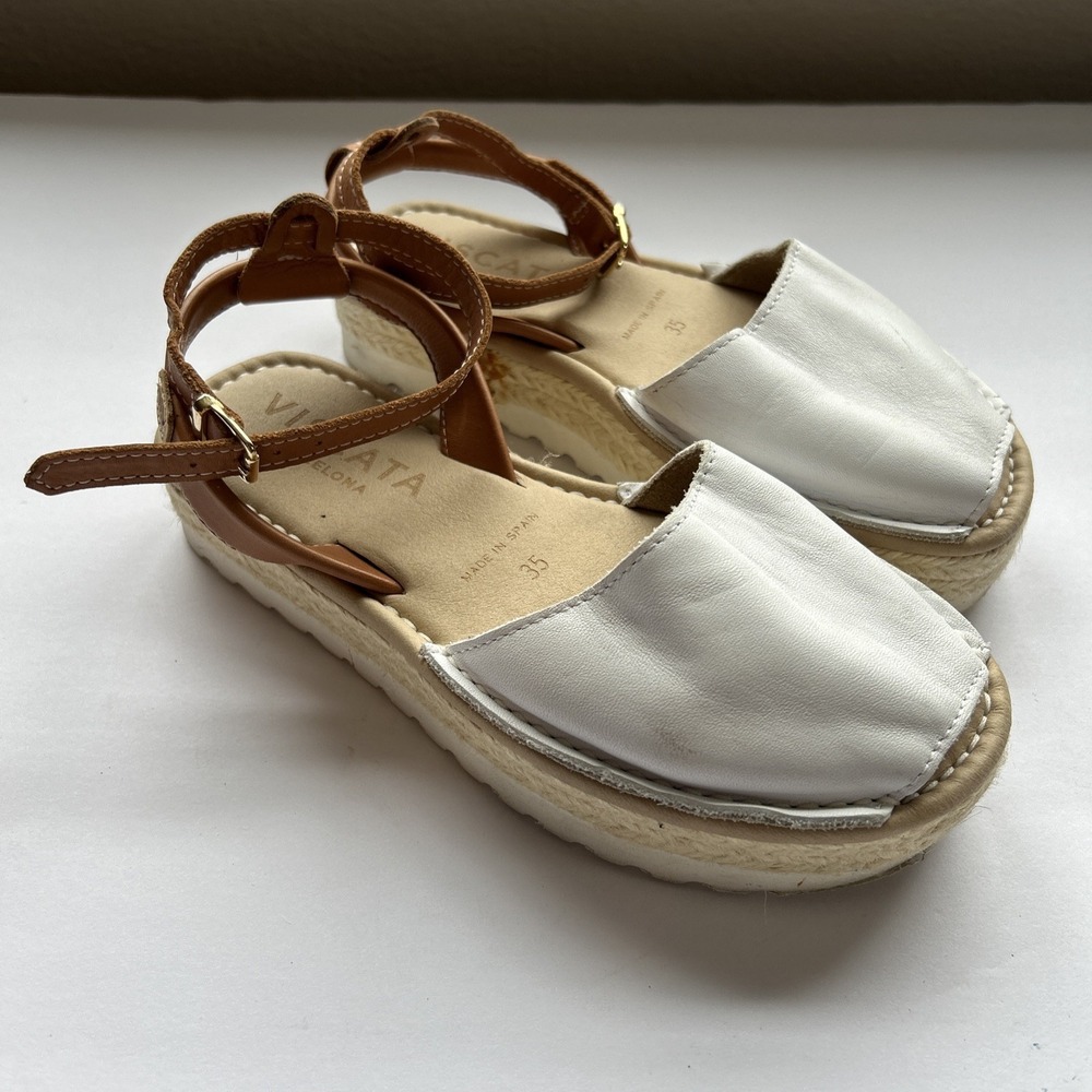VISCATA BARCELONA Brown White Leather Espadrille Sandals Ankle Strap‎ EU 35 US 5
